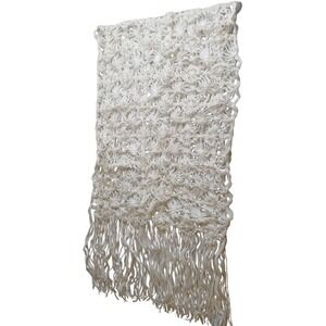 Vintage Crochet Long 64'Scarf Cream Handmade Open Weave Boho Fringe 17' Wid#496C